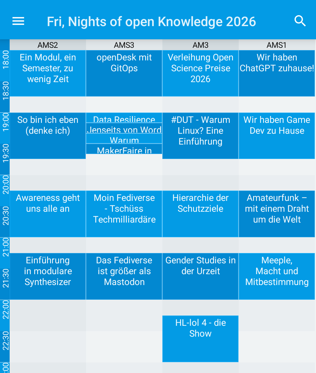 Giggity zeigt das NooK-Programm 2026 für Freitag als Zeitplan mit vier Vortragsräumen.